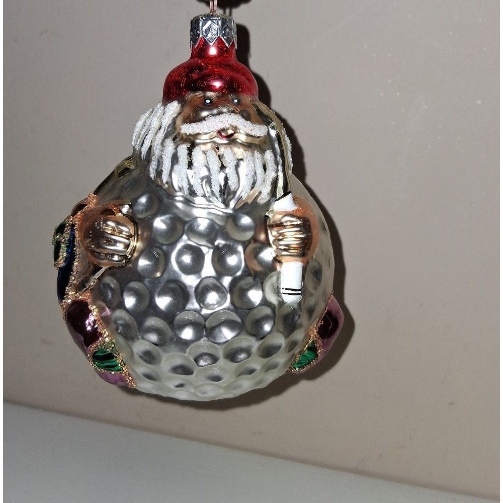 Vintage Poland Hand Blown Glass Golf Santa Christmas Ornament Dated 1997